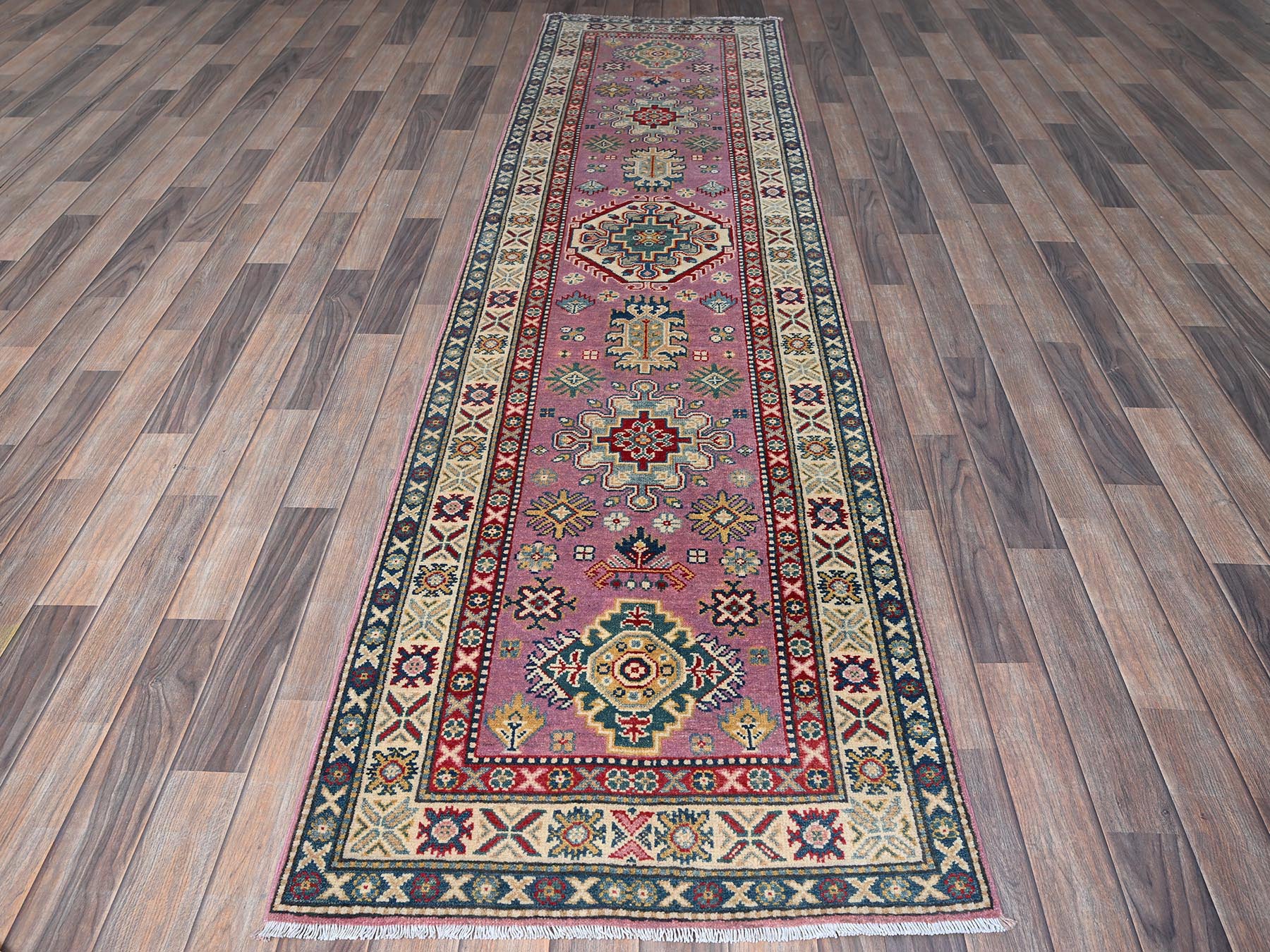 Kazak Kazak hand-knotted wool runner in Pink & Ivory, 2'7" x 10'1" — SKU O0455 (view 2)