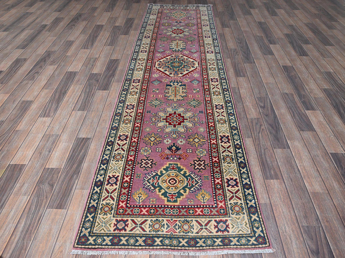 Kazak Kazak hand-knotted wool runner in Pink & Ivory, 2'7" x 10'1" — SKU O0455 (view 2)