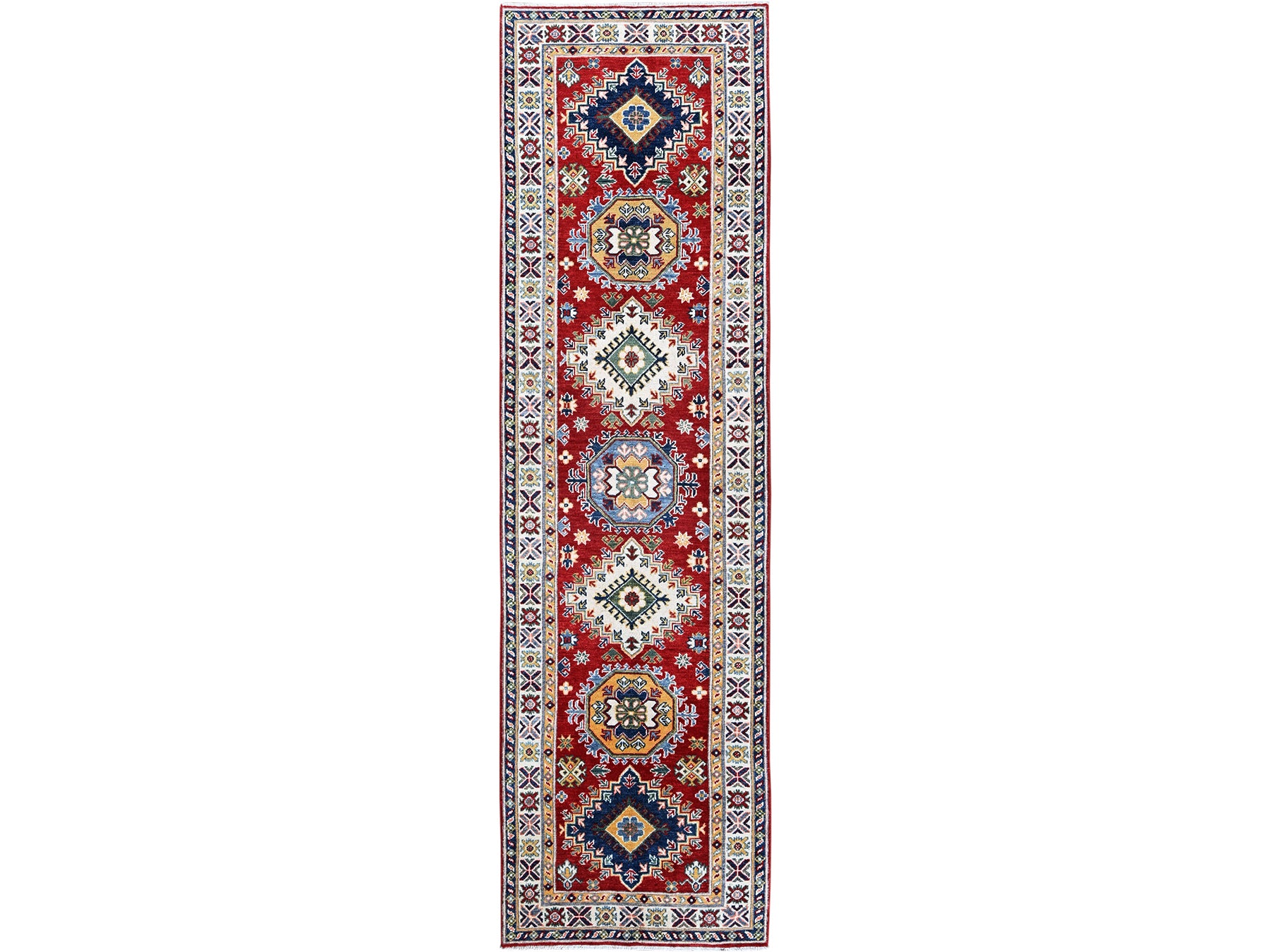 Kazak Kazak hand-knotted wool runner in Red & Ivory, 2'9" x 9'8" — SKU O0456