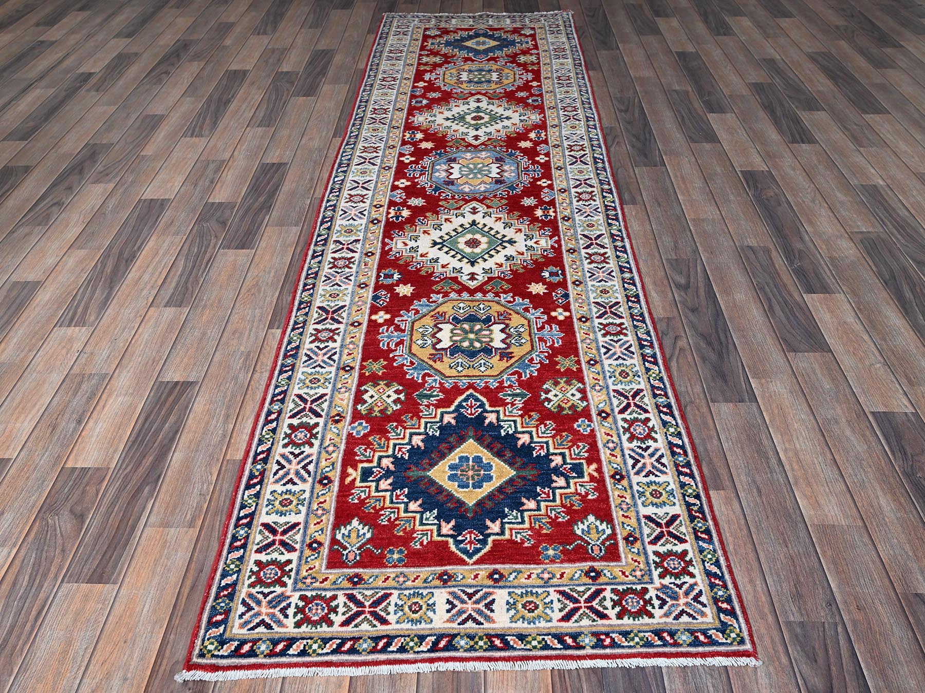 Kazak Kazak hand-knotted wool runner in Red & Ivory, 2'9" x 9'8" — SKU O0456 (view 2)