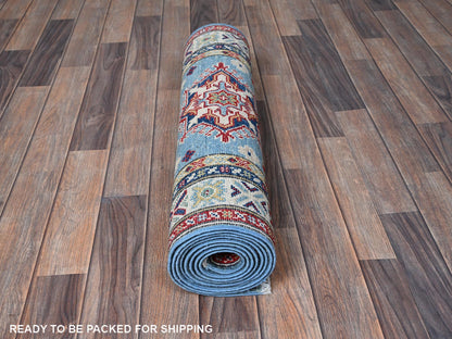 Kazak Kazak hand-knotted wool runner in Blue & Ivory, 2'7" x 9'9" — SKU O0458 (view 5)