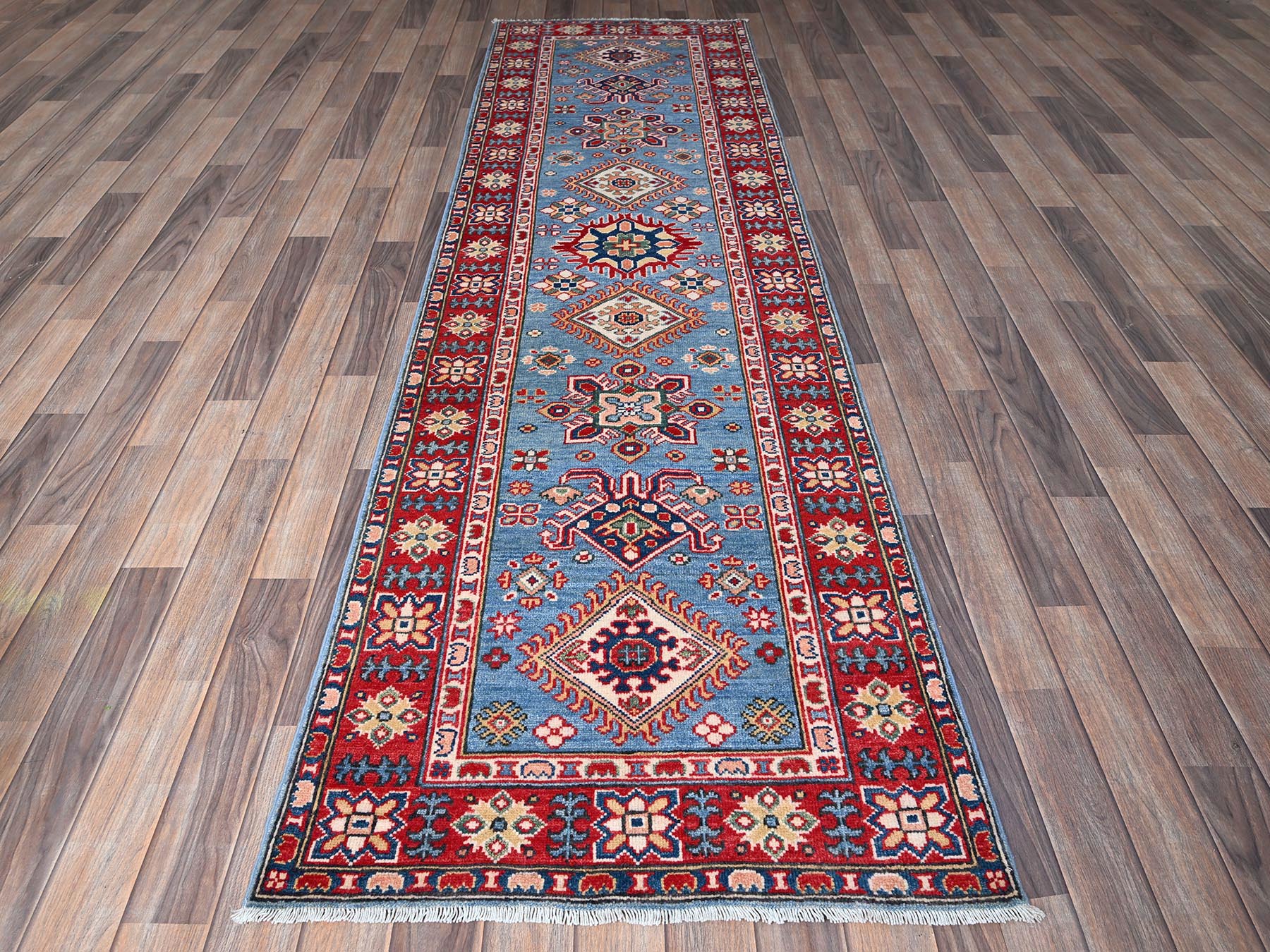 Kazak Kazak hand-knotted wool runner in Blue & Red, 2'9" x 9'6" — SKU O0459 (view 2)