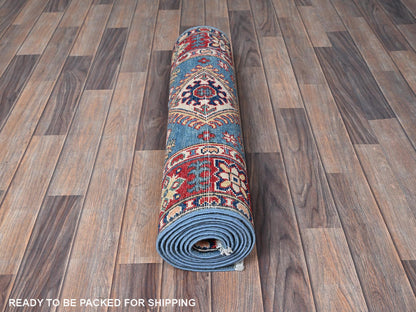 Blue 2'9" x 9'6" Kazak Hand knotted Wool Rug - Sku: O0459