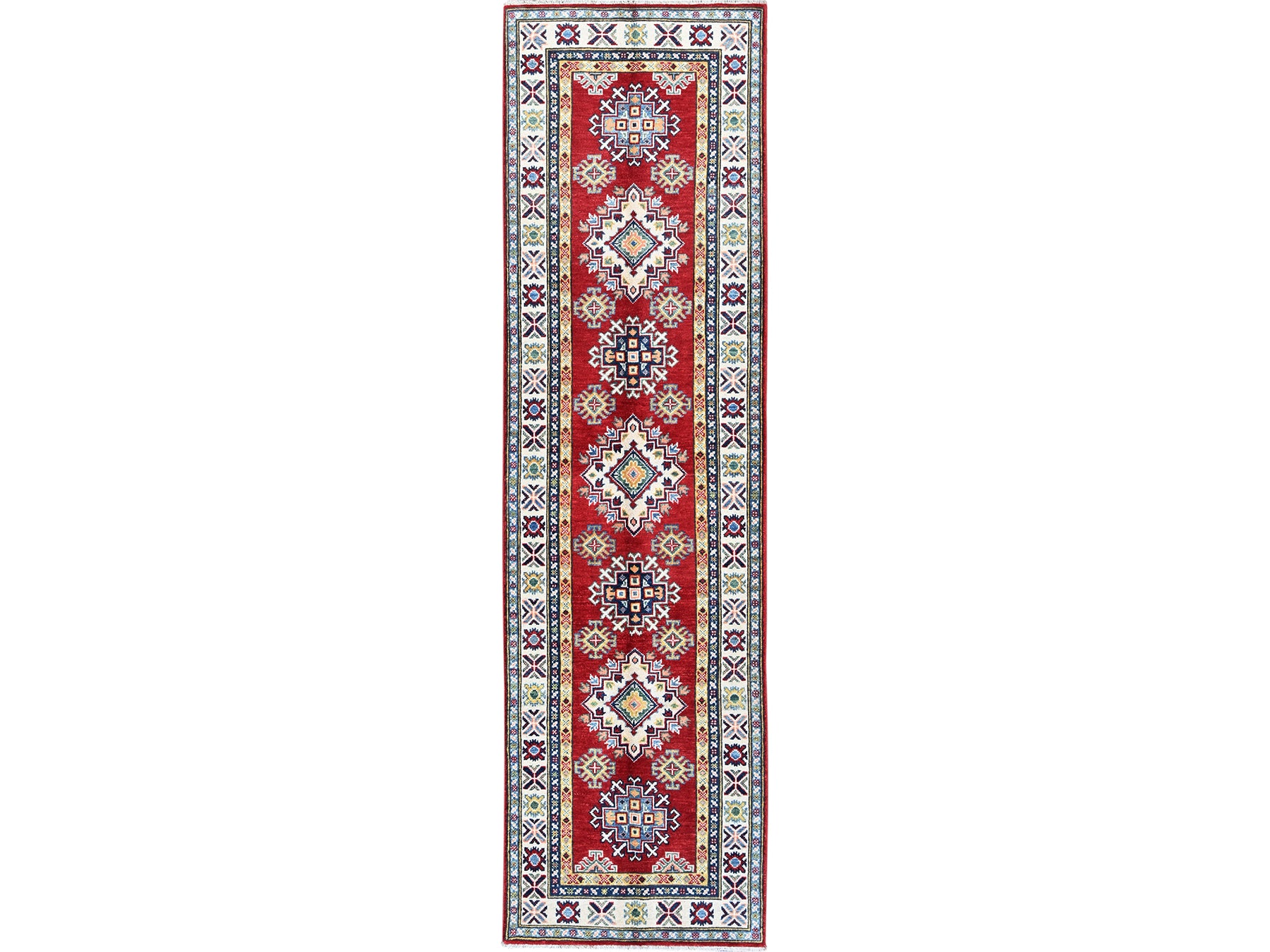 Kazak Kazak hand-knotted wool runner in Red & Ivory, 2'8" x 9'6" — SKU O0463