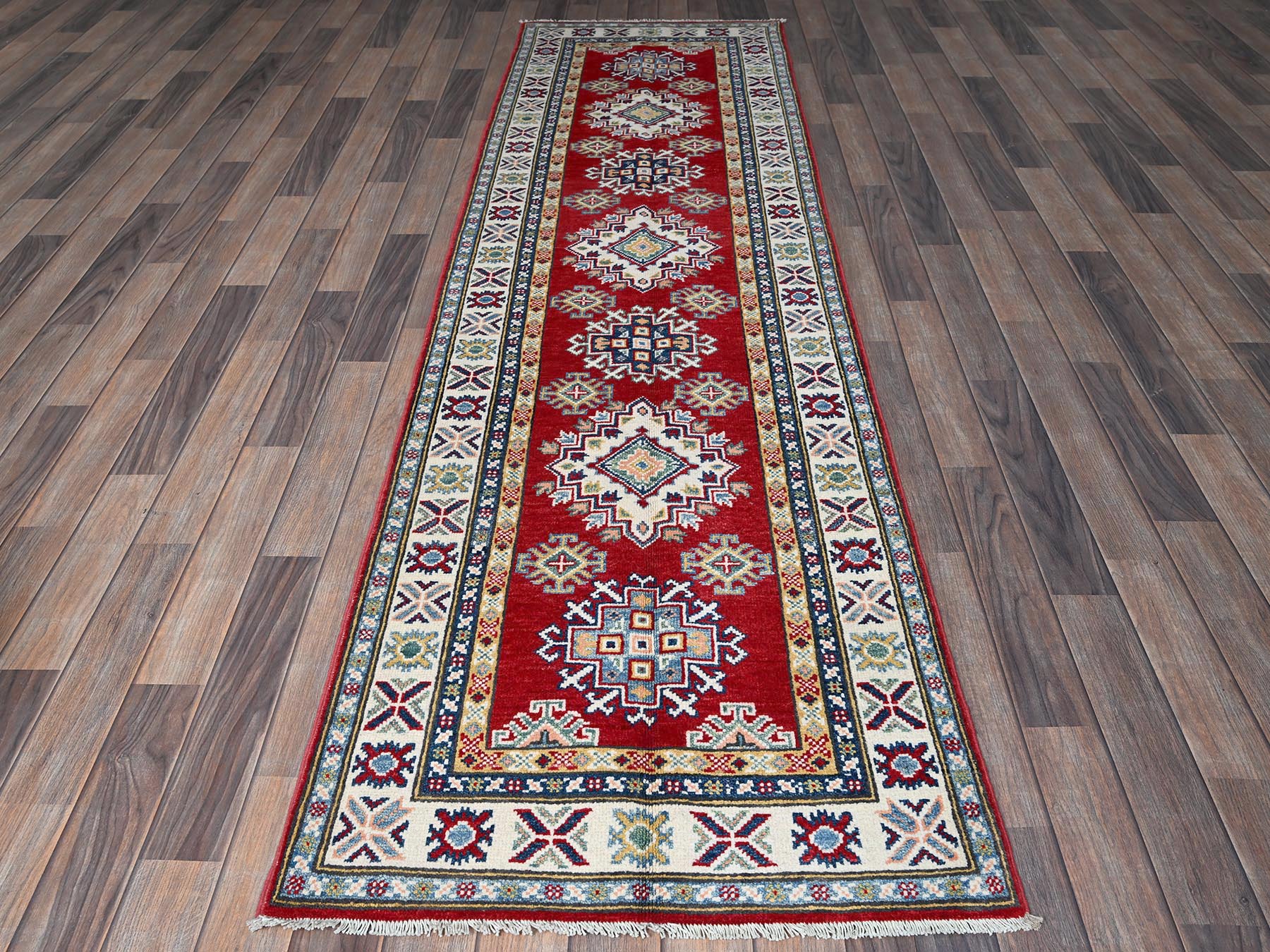 Kazak Kazak hand-knotted wool runner in Red & Ivory, 2'8" x 9'6" — SKU O0463 (view 2)