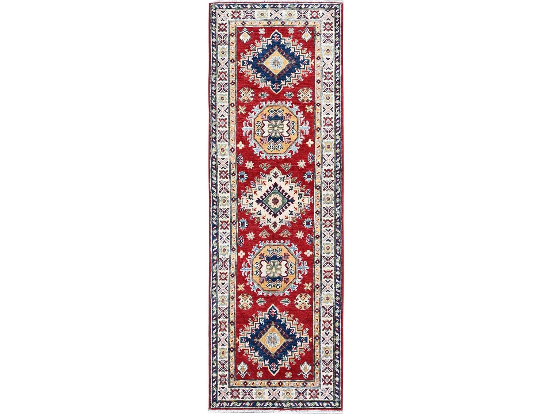 Kazak Kazak hand-knotted wool runner in Red & Ivory, 2'7" x 8'1" — SKU O0468