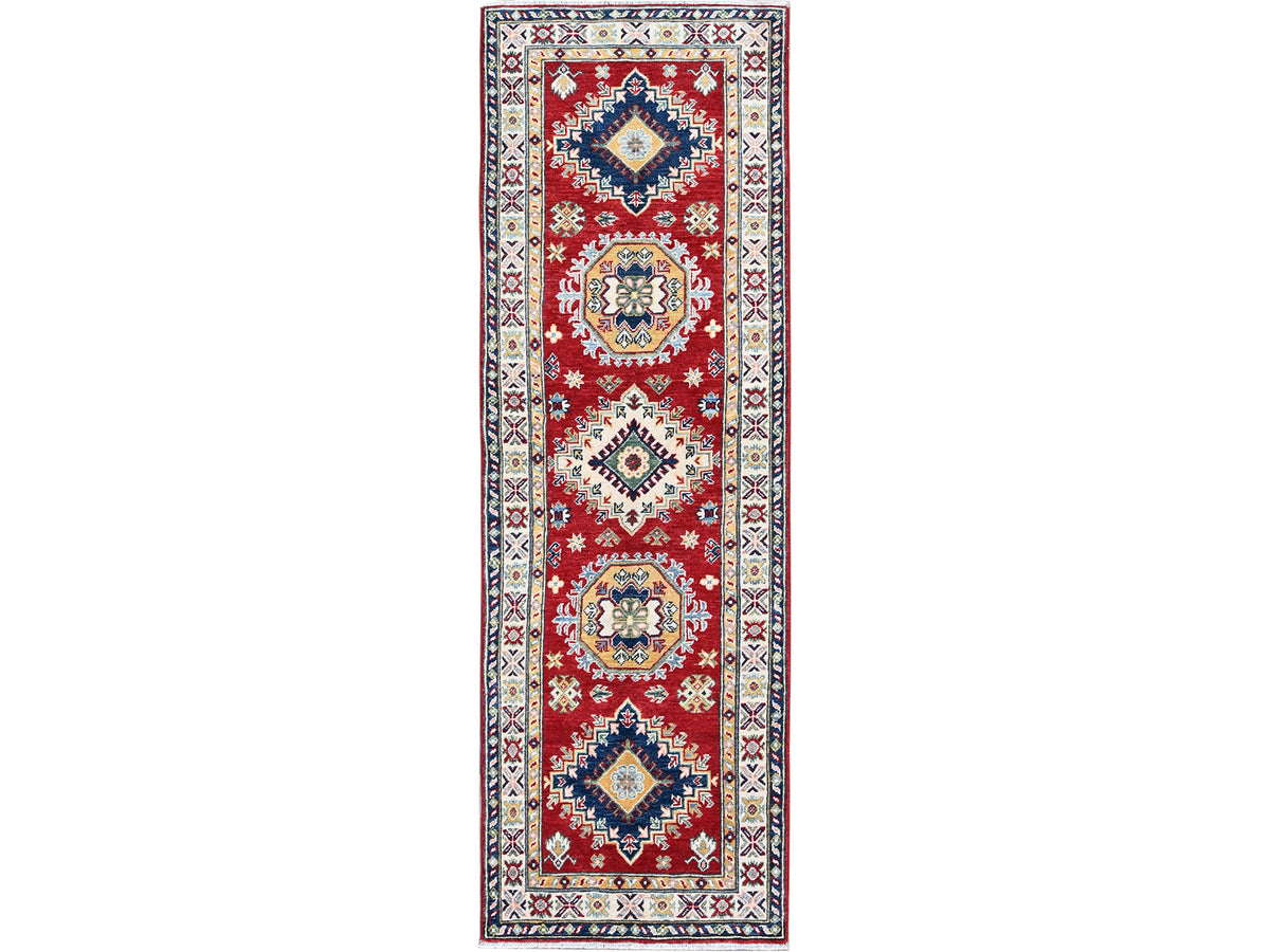 Kazak Kazak hand-knotted wool runner in Red & Ivory, 2'7" x 8'1" — SKU O0468