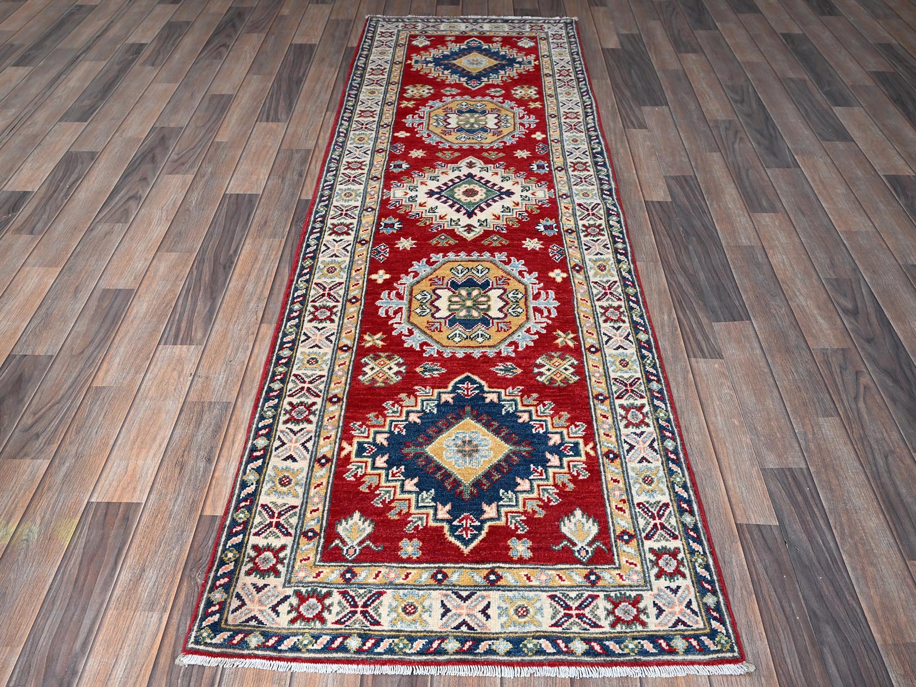 Kazak Kazak hand-knotted wool runner in Red & Ivory, 2'7" x 8'1" — SKU O0468 (view 2)