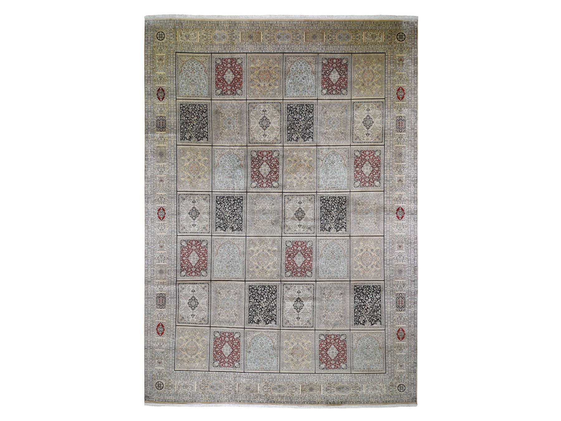 Silk hand-knotted silk rug in Beige, 12' x 17'4" — SKU O046912