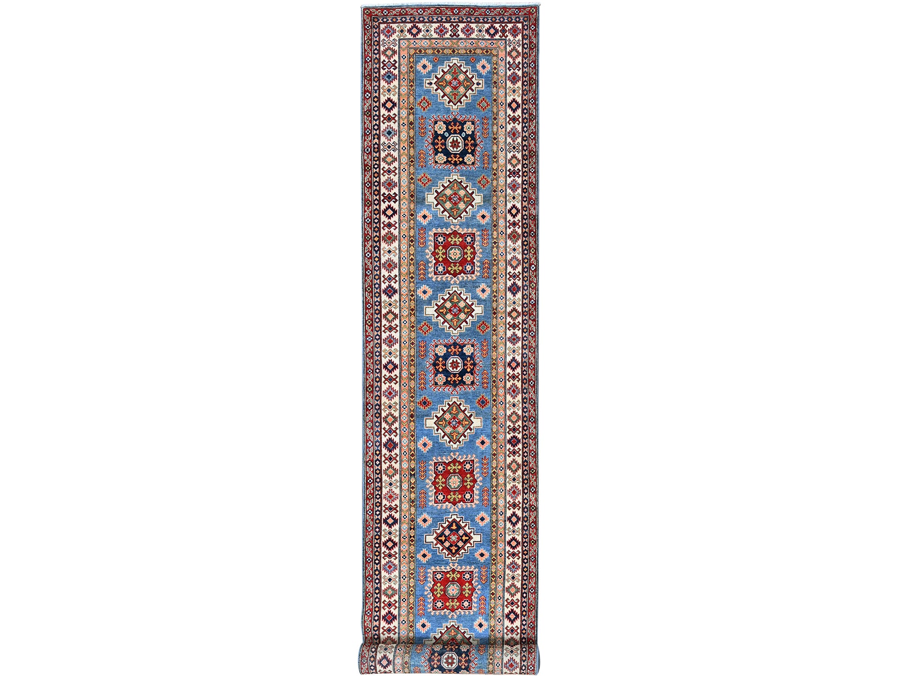 Kazak Kazak hand-knotted wool runner in Blue & Ivory, 3'4" x 19'6" — SKU O0471