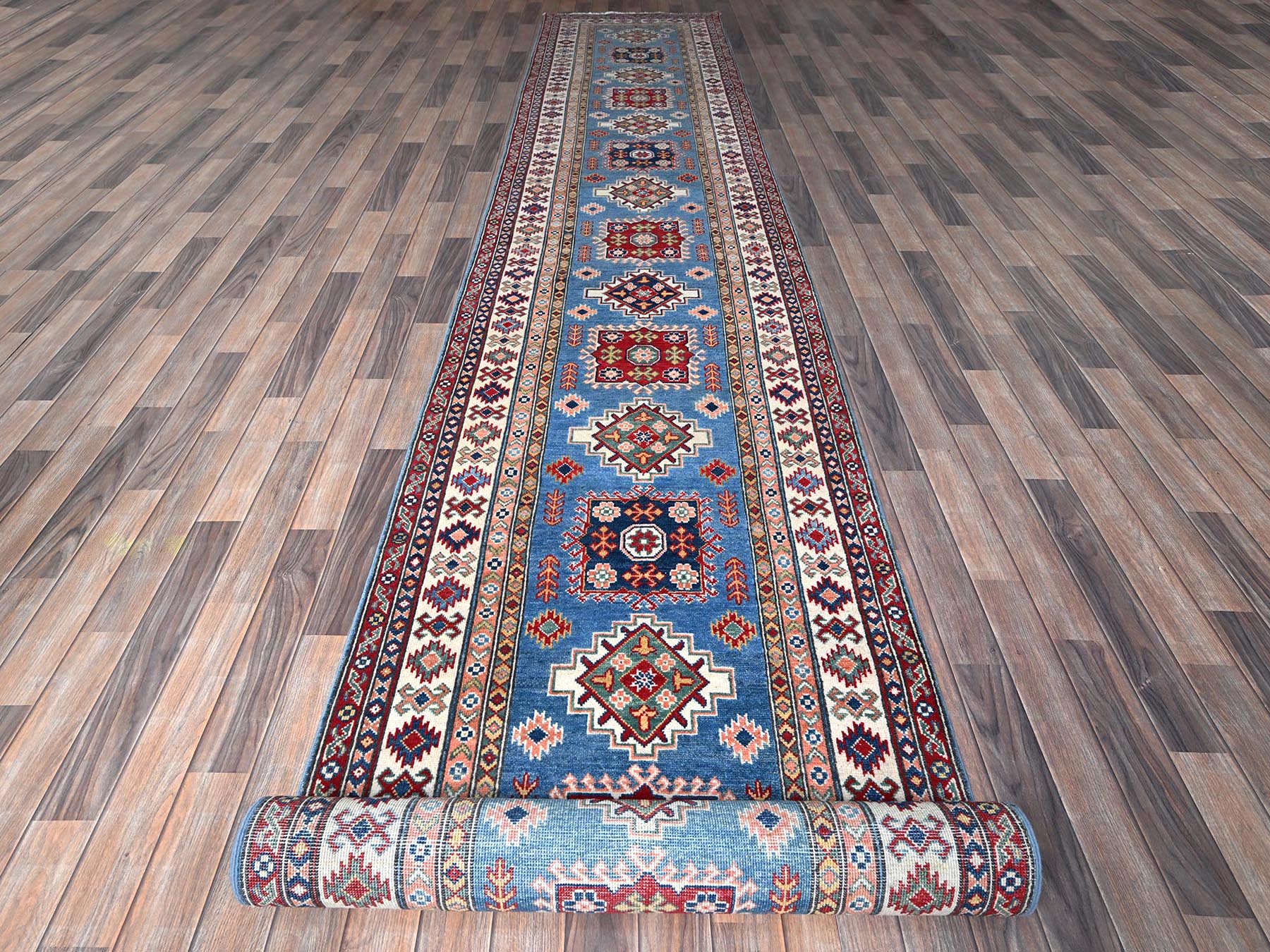 Kazak Kazak hand-knotted wool runner in Blue & Ivory, 3'4" x 19'6" — SKU O0471 (view 2)