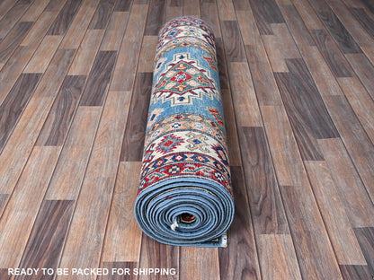 Blue 3'4" x 19'6" Kazak Hand knotted Wool Rug - Sku: O0471