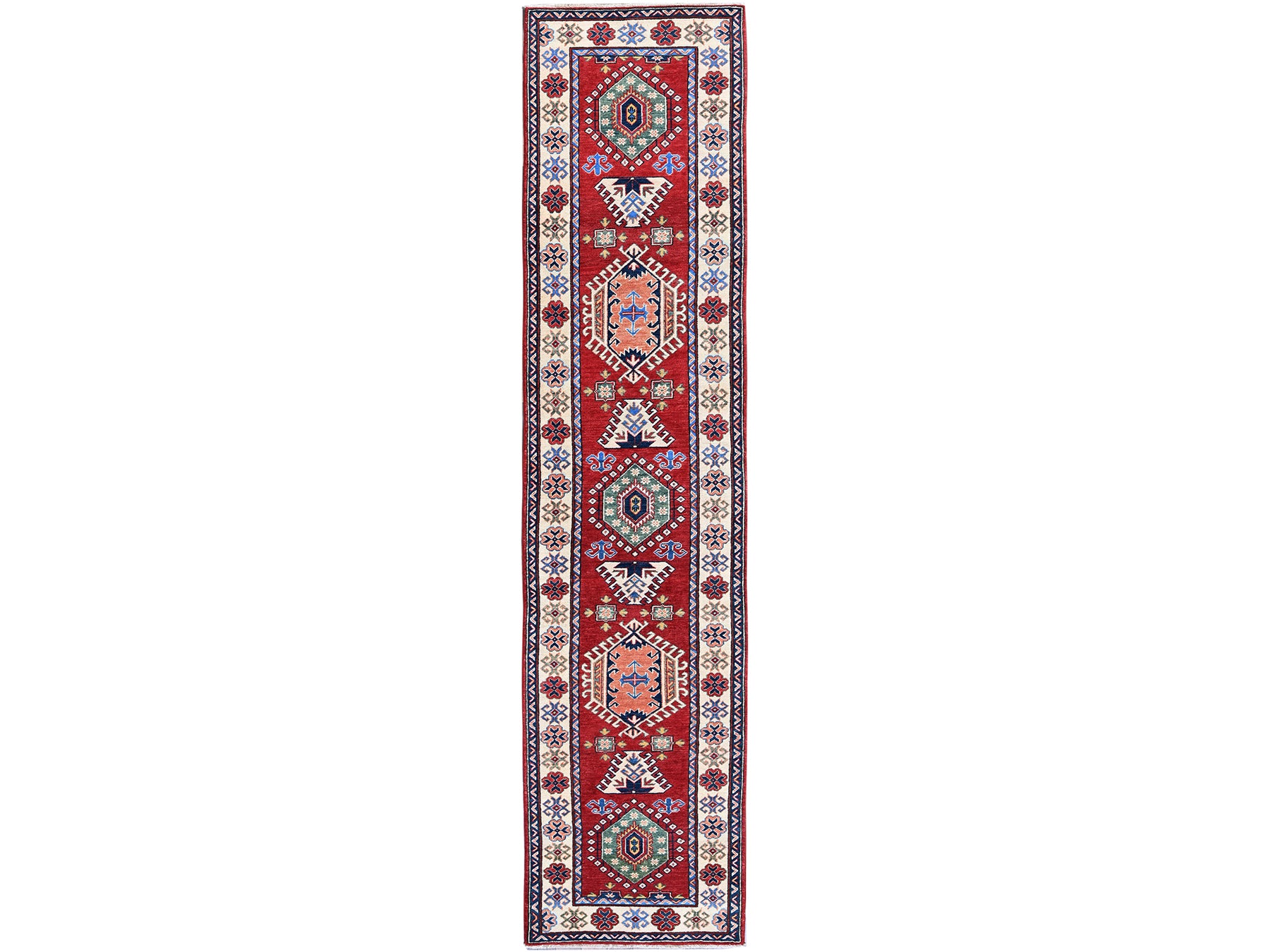 Kazak Kazak hand-knotted wool runner in Red & Ivory, 2'9" x 12'10" — SKU O0474
