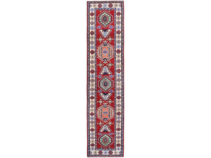 Kazak Kazak hand-knotted wool runner in Red & Ivory, 2'9" x 12'10" — SKU O0474
