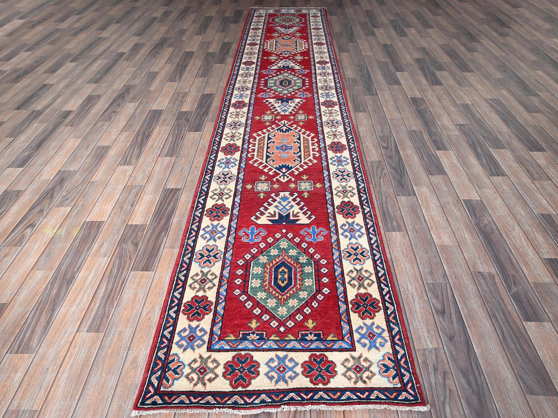 Kazak Kazak hand-knotted wool runner in Red & Ivory, 2'9" x 12'10" — SKU O0474 (view 2)