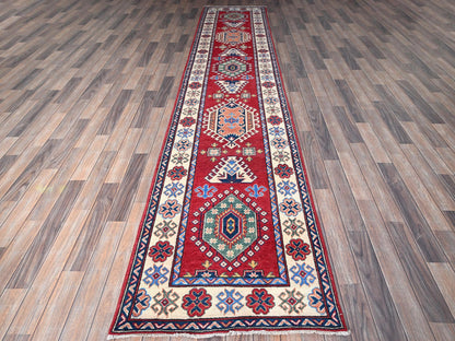 Kazak Kazak hand-knotted wool runner in Red & Ivory, 2'9" x 12'10" — SKU O0474 (view 2)
