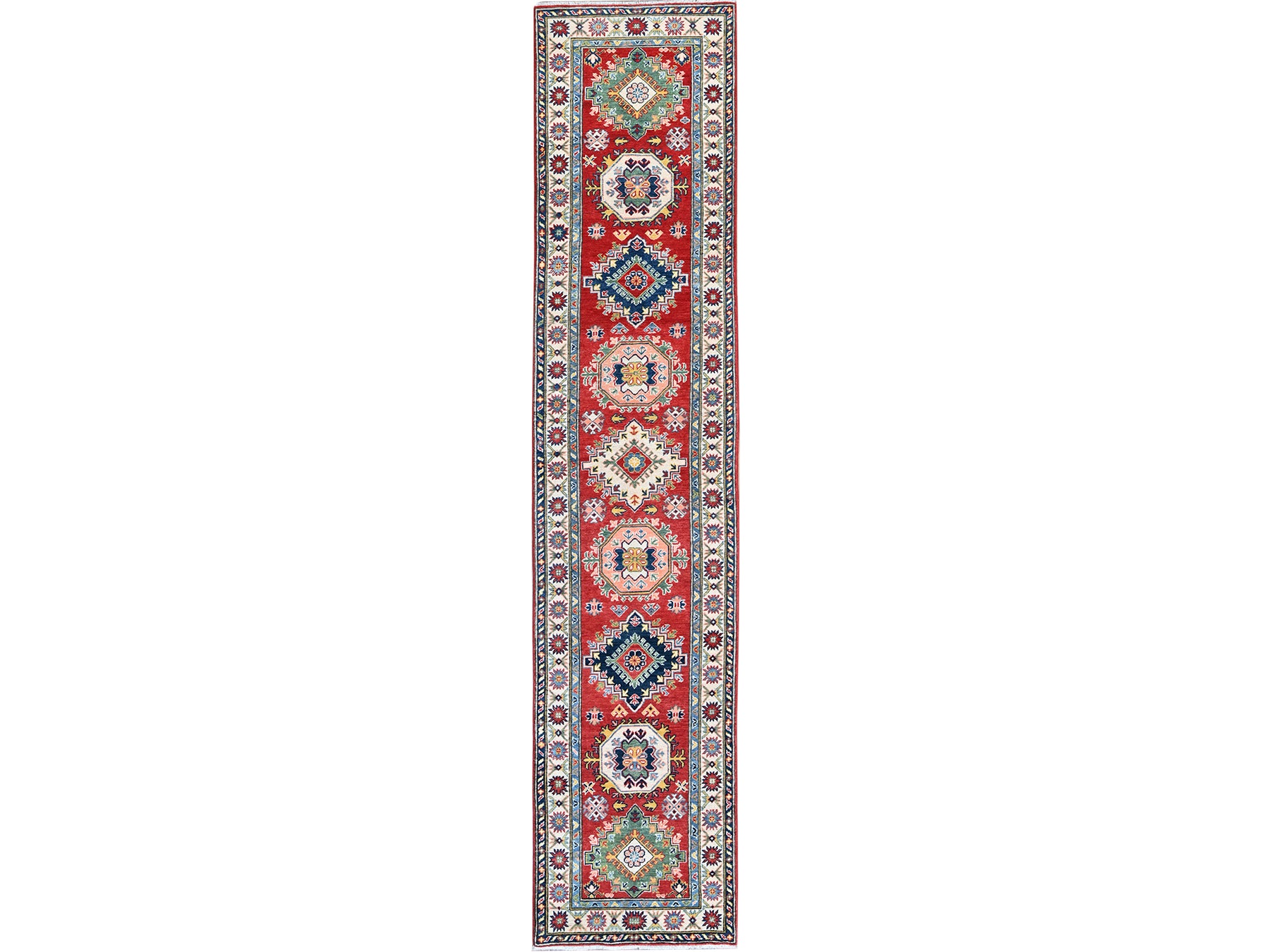 Kazak Kazak hand-knotted wool runner in Red & Ivory, 2'7" x 12'7" — SKU O0479