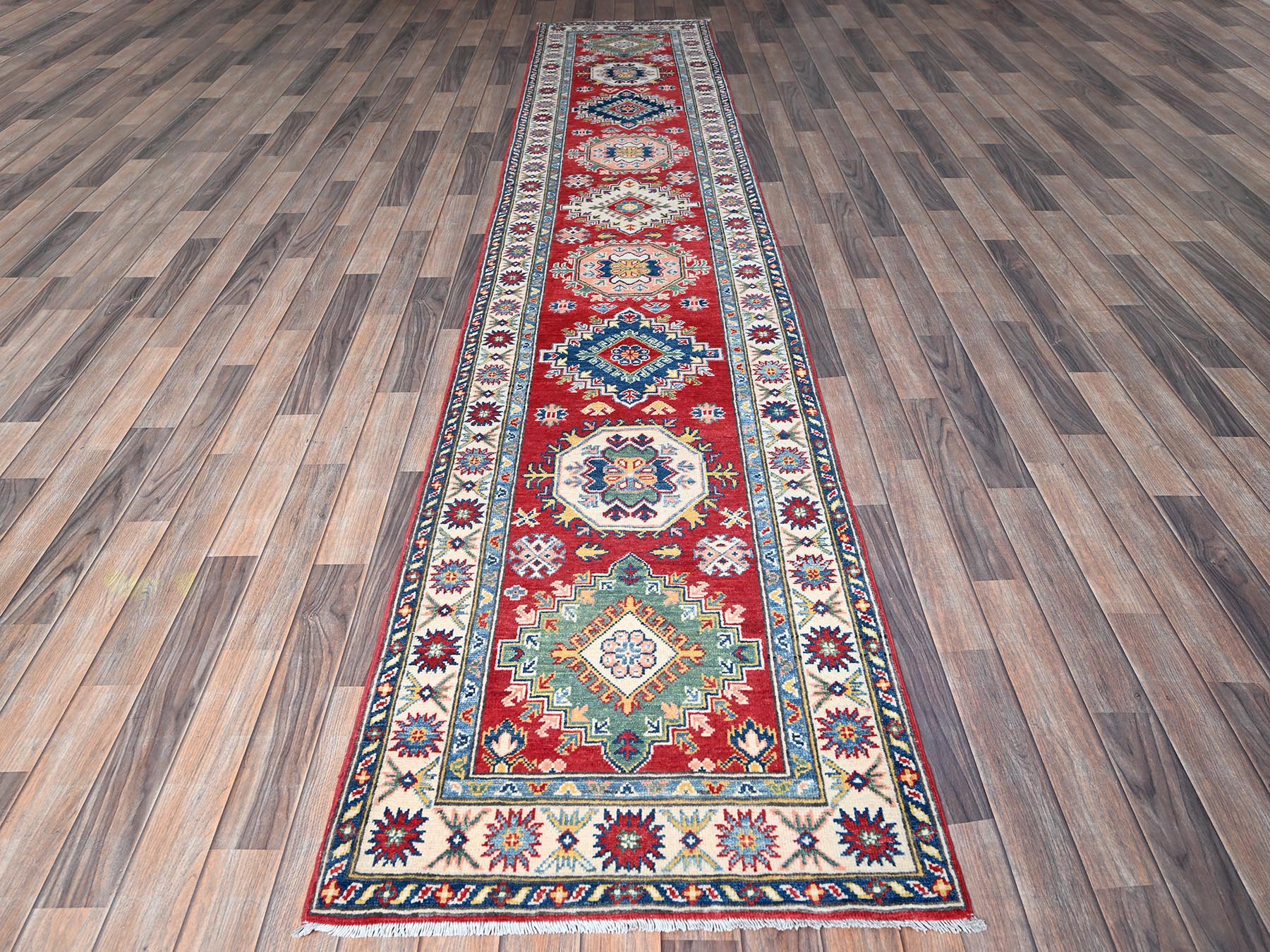 Kazak Kazak hand-knotted wool runner in Red & Ivory, 2'7" x 12'7" — SKU O0479 (view 2)