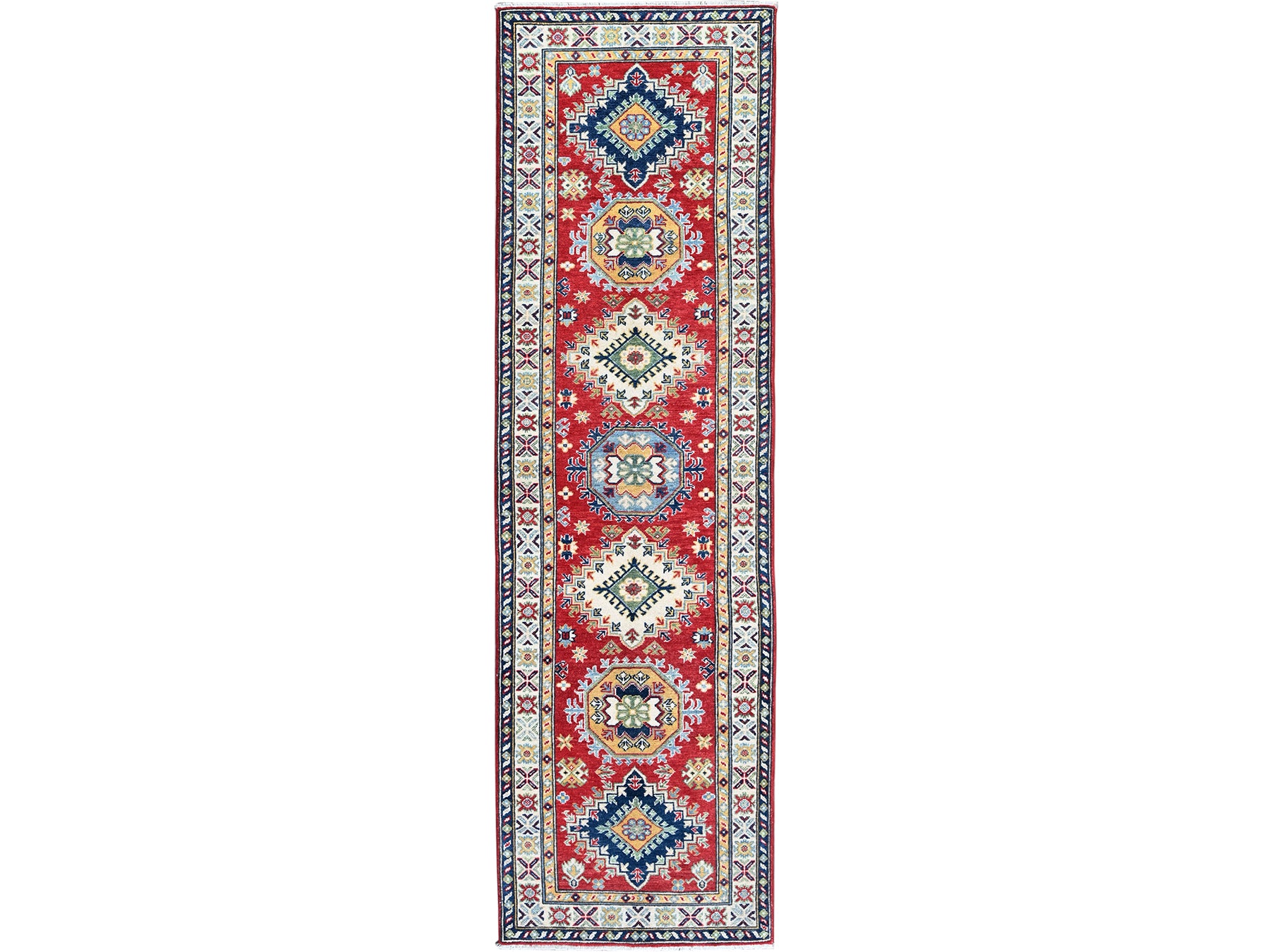 Kazak Kazak hand-knotted wool runner in Red & Ivory, 2'9" x 9'6" — SKU O0480