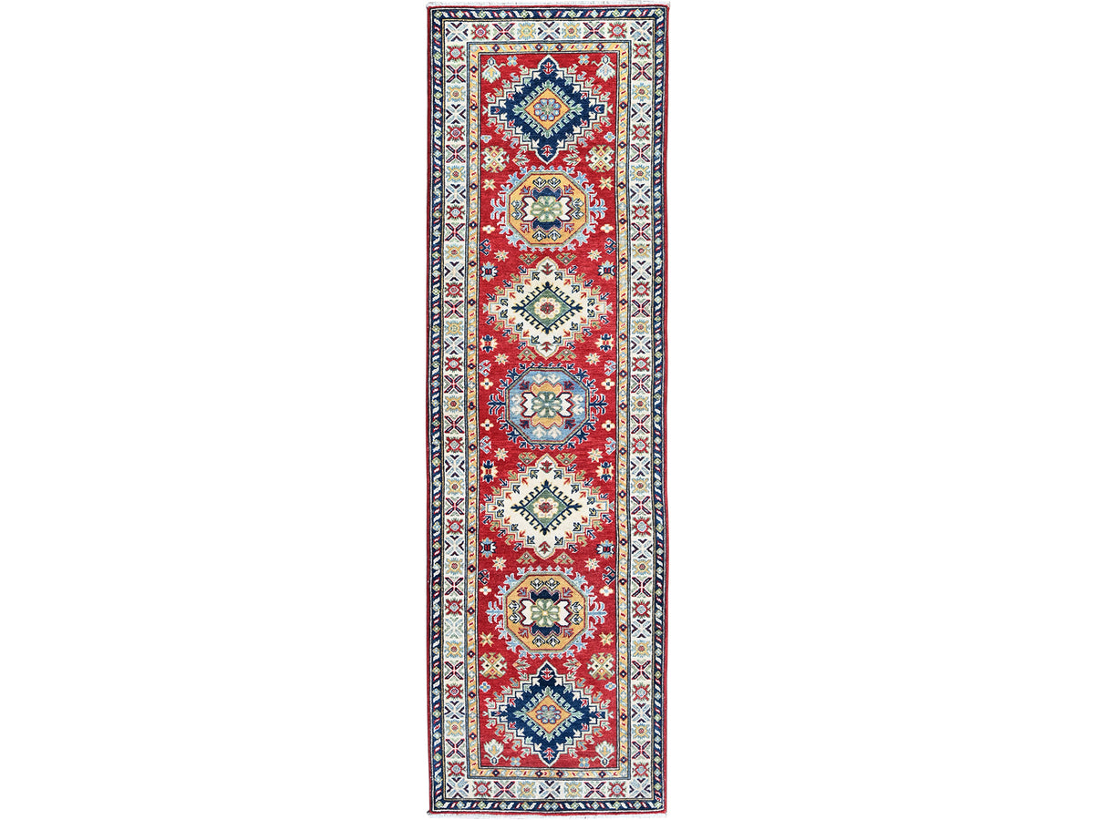 Kazak Kazak hand-knotted wool runner in Red & Ivory, 2'9" x 9'6" — SKU O0480