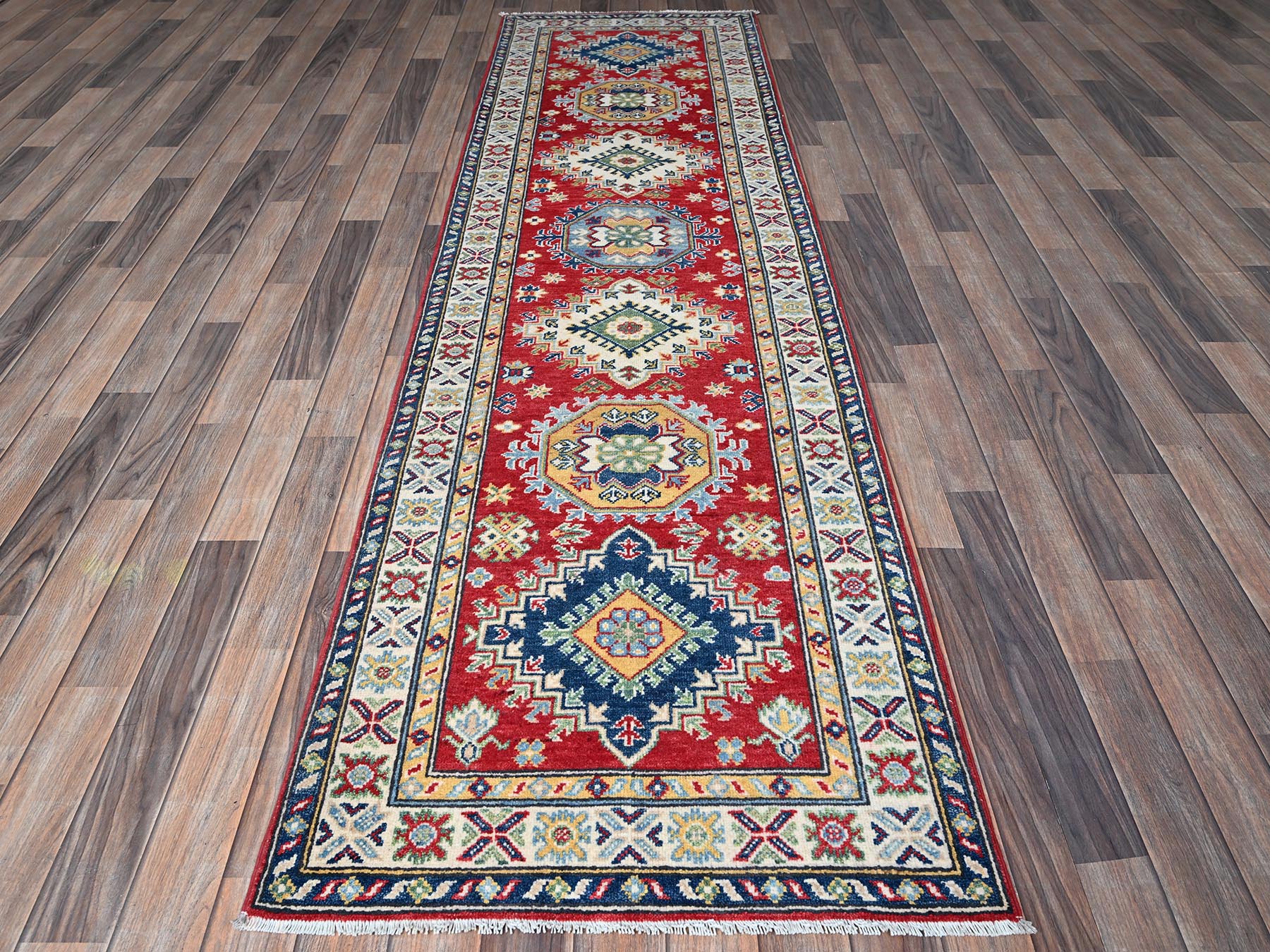 Kazak Kazak hand-knotted wool runner in Red & Ivory, 2'9" x 9'6" — SKU O0480 (view 2)