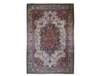 Sarouk Antique hand-knotted wool rug in Ivory & Green, 12'2" x 18'8" — SKU O048703
