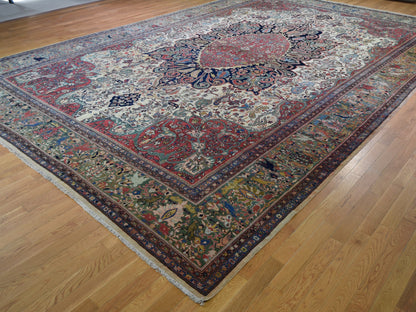 Ivory 12'2" x 18'8" Antique Hand knotted Wool Rug - Sku: O048703