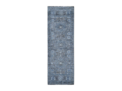 Blue 2'7" x 8'1" Mamluk Hand knotted Wool/Silk Rug - Sku: O049456