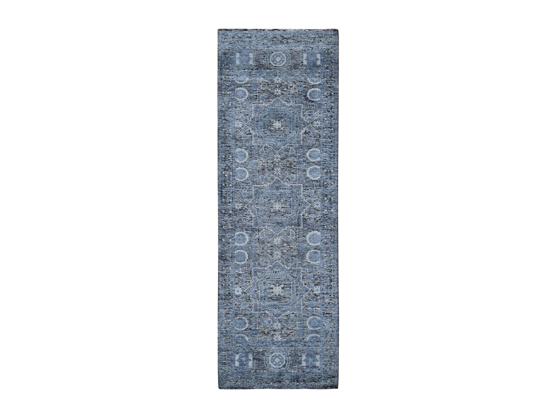 Mamluk Mamluk hand-knotted wool/silk runner in Blue & Aquamarine, 2'7" x 8'1" — SKU O049456