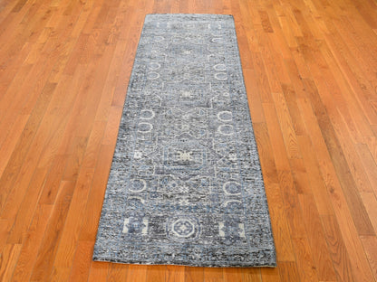 Blue 2'7" x 8'1" Mamluk Hand knotted Wool/Silk Rug - Sku: O049456