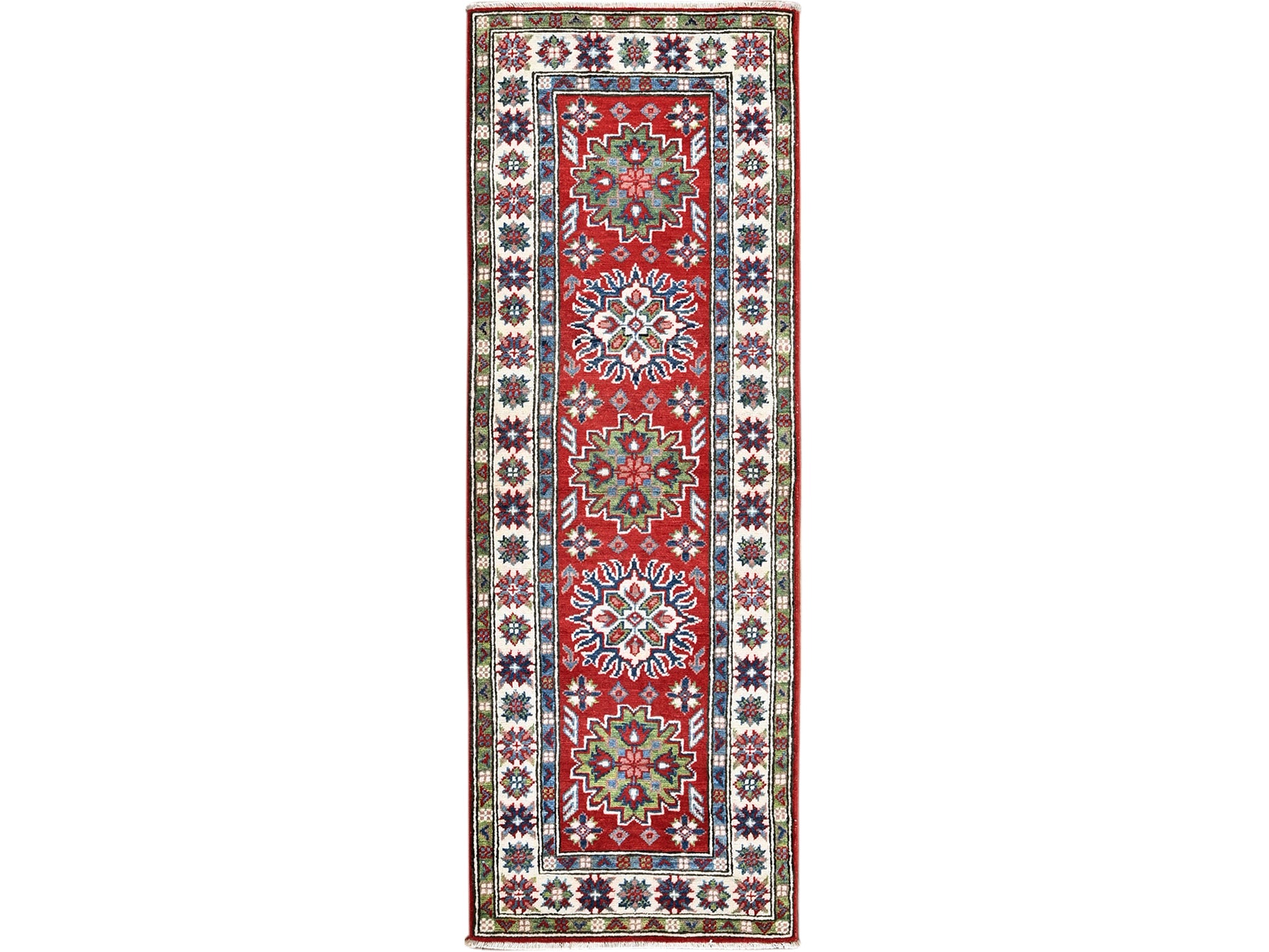 Kazak Kazak hand-knotted wool runner in Red & Ivory, 2'1" x 6' — SKU O0494