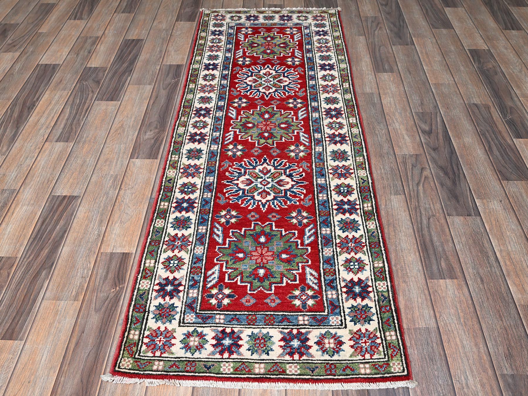 Kazak Kazak hand-knotted wool runner in Red & Ivory, 2'1" x 6' — SKU O0494 (view 2)