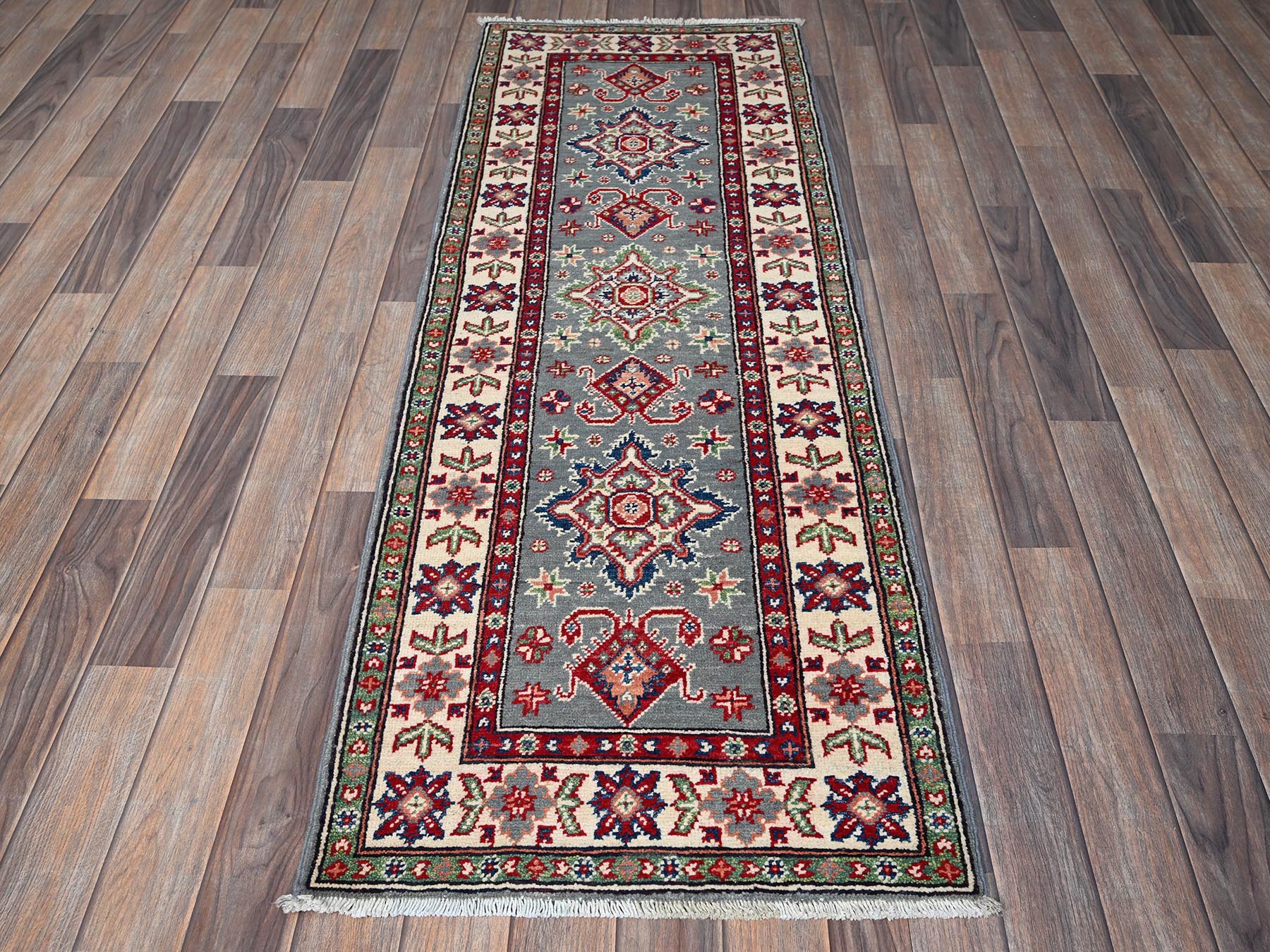 Kazak Kazak hand-knotted wool runner in Gray & Ivory, 2'2" x 5'11" — SKU O0498 (view 2)
