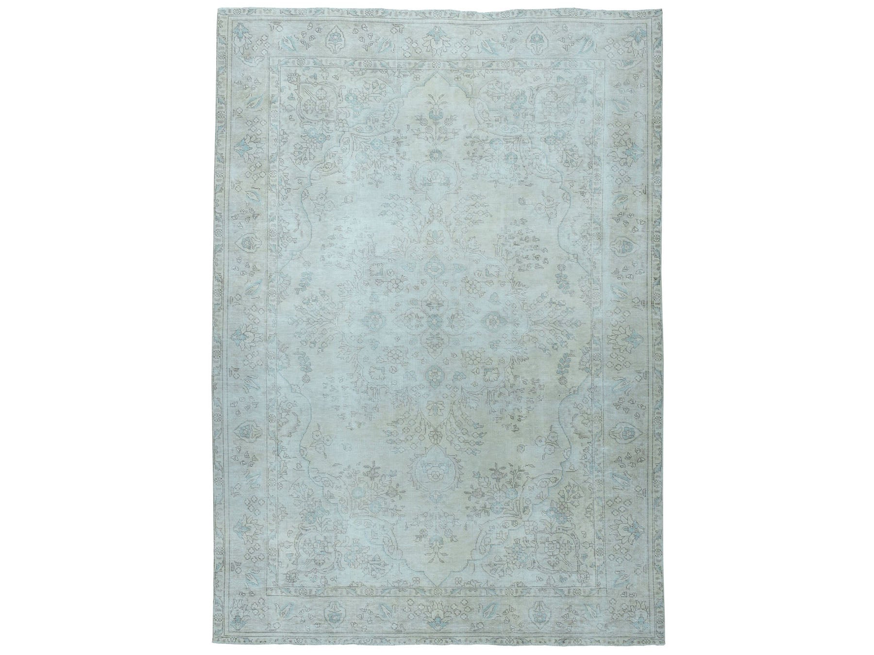Tabriz White Wash Vintage & Silver Wash hand-knotted worn wool rug in Ivory, 6'3" x 9'5" — SKU O050739