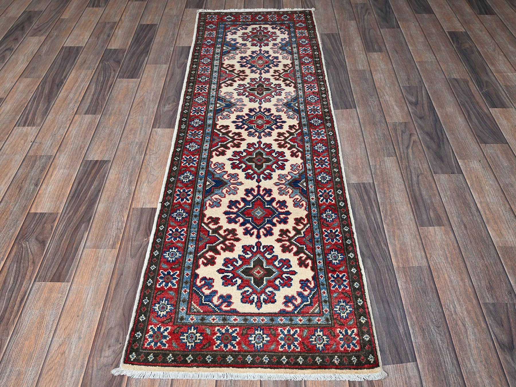 Kazak Kazak hand-knotted wool runner in Ivory & Red, 1'10" x 6' — SKU O0508 (view 2)