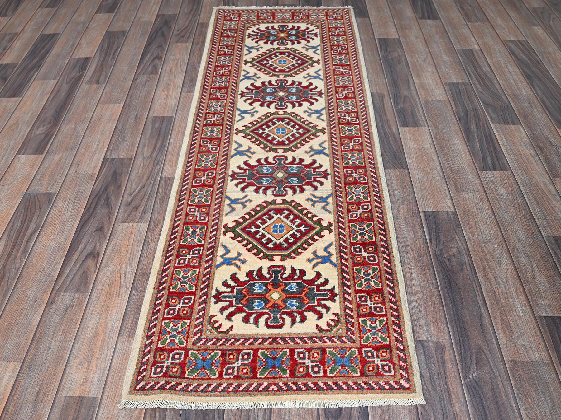 Kazak Kazak hand-knotted wool runner in Ivory & Red, 2' x 5'10" — SKU O0512 (view 2)