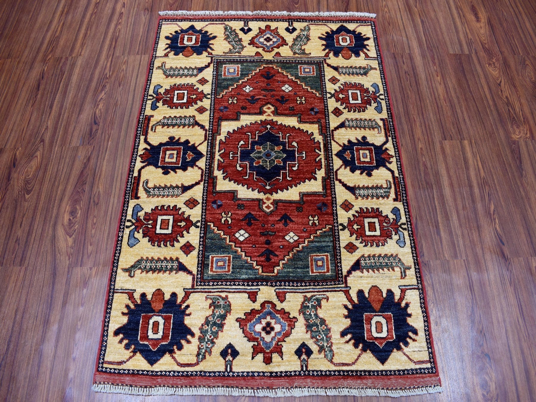 Ersari Tribal & Geometric hand-knotted wool rug in Red & Beige, 3'5" x 4'9" — SKU O051301 (view 2)