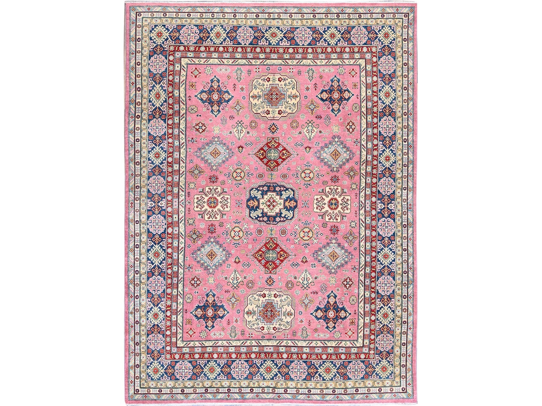 Kazak Kazak hand-knotted wool rug in Pink & Navy Blue, 8'9" x 11'8" — SKU O0514