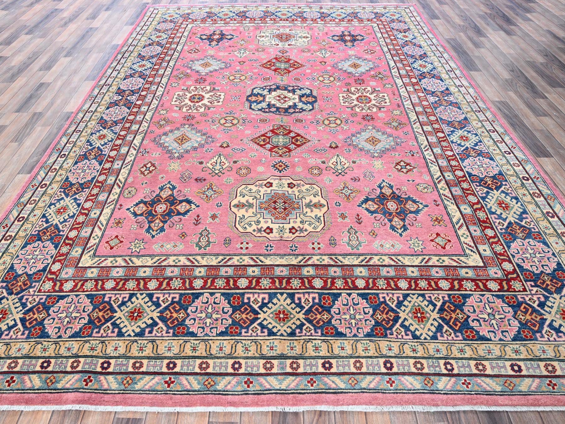 Kazak Kazak hand-knotted wool rug in Pink & Navy Blue, 8'9" x 11'8" — SKU O0514 (view 2)