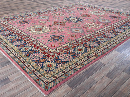 Kazak Kazak hand-knotted wool rug in Pink & Navy Blue, 8'9" x 11'8" — SKU O0514 (view 3)