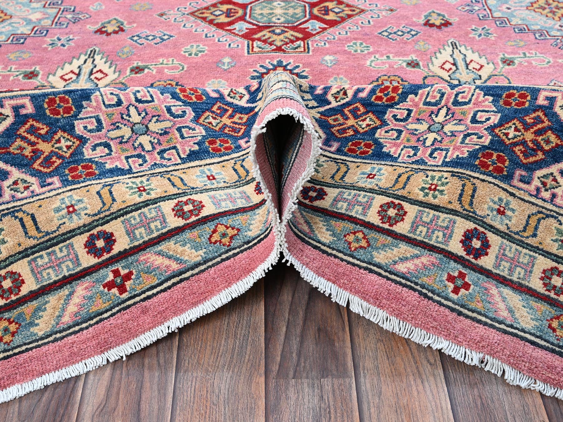 Kazak Kazak hand-knotted wool rug in Pink & Navy Blue, 8'9" x 11'8" — SKU O0514 (view 5)