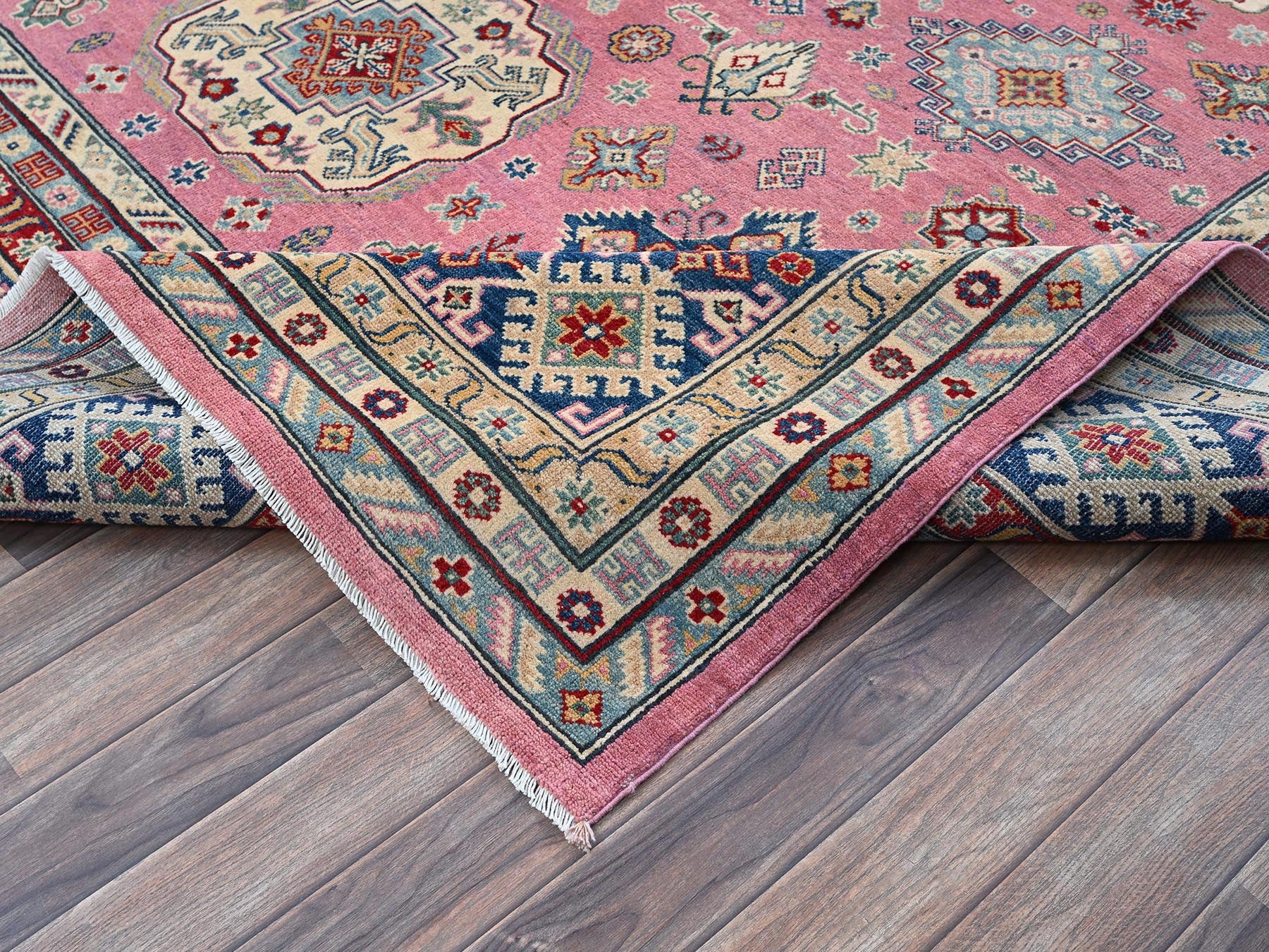 Kazak Kazak hand-knotted wool rug in Pink & Navy Blue, 8'9" x 11'8" — SKU O0514 (view 6)