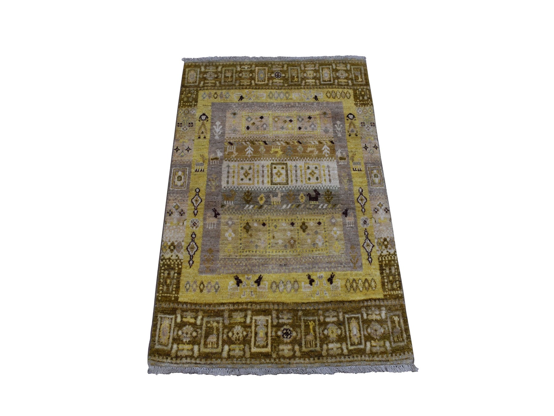 Gabbeh Tribal & Geometric hand-knotted wool rug in Yellow, 2'8" x 3'9" — SKU O051823