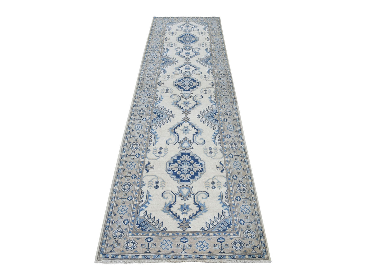 Kazak Kazak hand-knotted wool runner in Ivory & Smoke Gray, 2'9" x 10'7" — SKU O051917