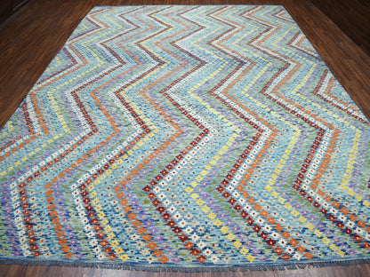 Multicolored 10'2" x 13'4" Flatweave / Kilim Hand woven Wool Rug - Sku: O052090
