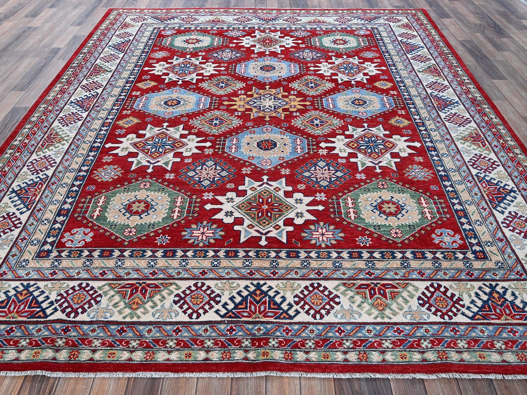 Kazak Kazak hand-knotted wool rug in Red & Ivory, 8'2" x 9'8" — SKU O0522 (view 2)