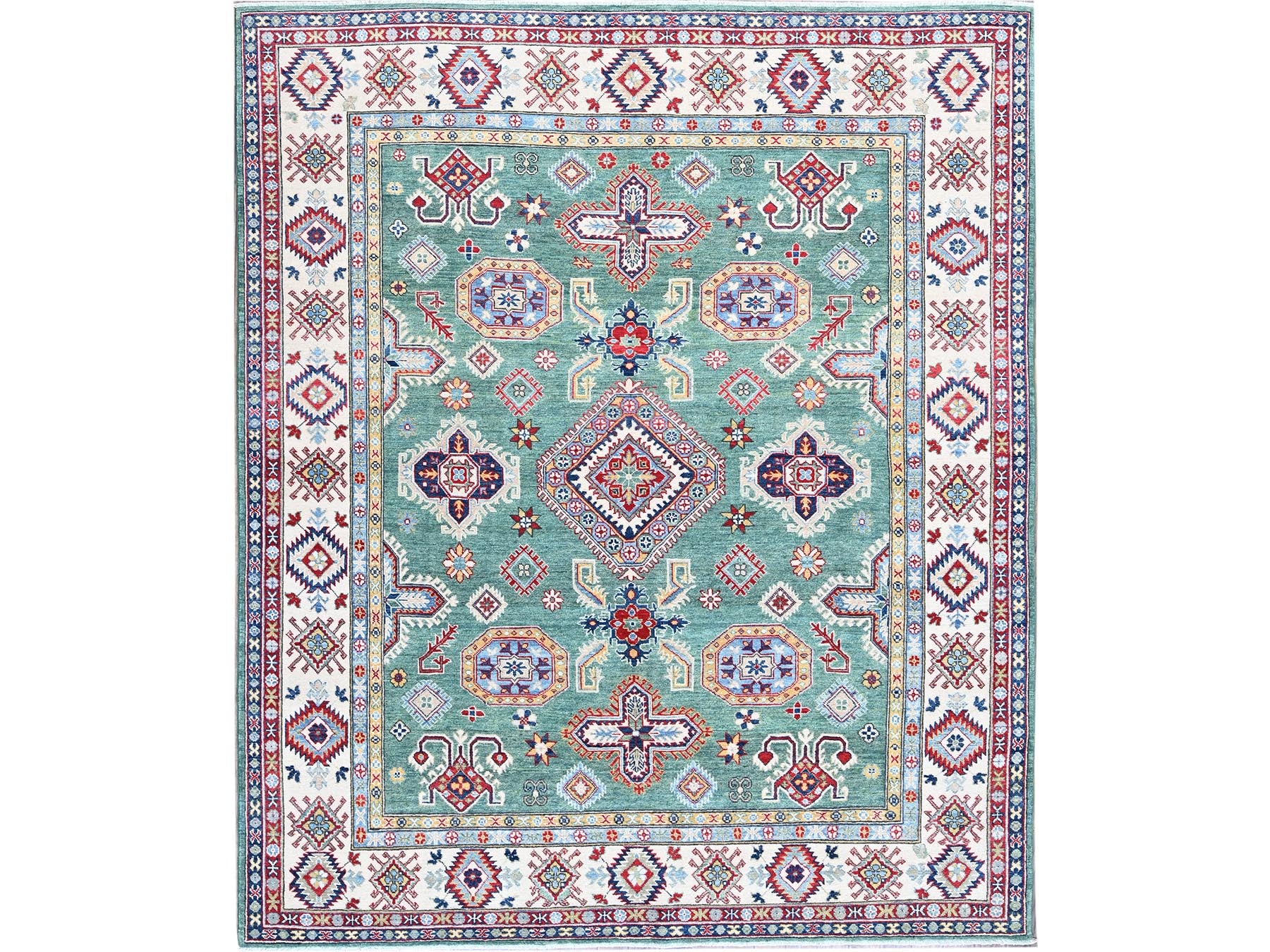 Kazak Kazak hand-knotted wool rug in Green & Ivory, 7'11" x 9'7" — SKU O0524