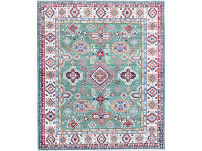 Kazak Kazak hand-knotted wool rug in Green & Ivory, 7'11" x 9'7" — SKU O0524