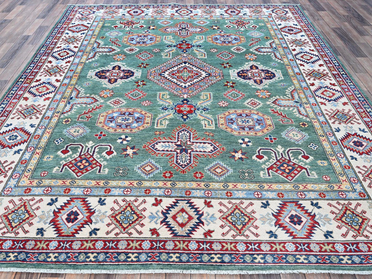 Kazak Kazak hand-knotted wool rug in Green & Ivory, 7'11" x 9'7" — SKU O0524 (view 2)