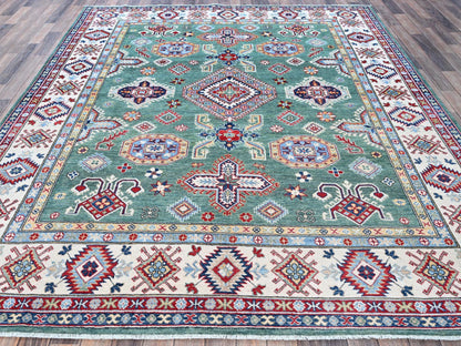 Kazak Kazak hand-knotted wool rug in Green & Ivory, 7'11" x 9'7" — SKU O0524 (view 2)